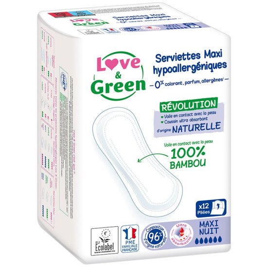 Love & green serviettes hypoallergéniques anti-irritation maxi nuit paquet de 12