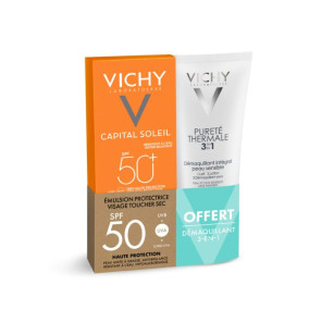 Vichy Solaires Emulsion Touche Sec SPF50 50Ml et Démaquillant 100Ml Offert